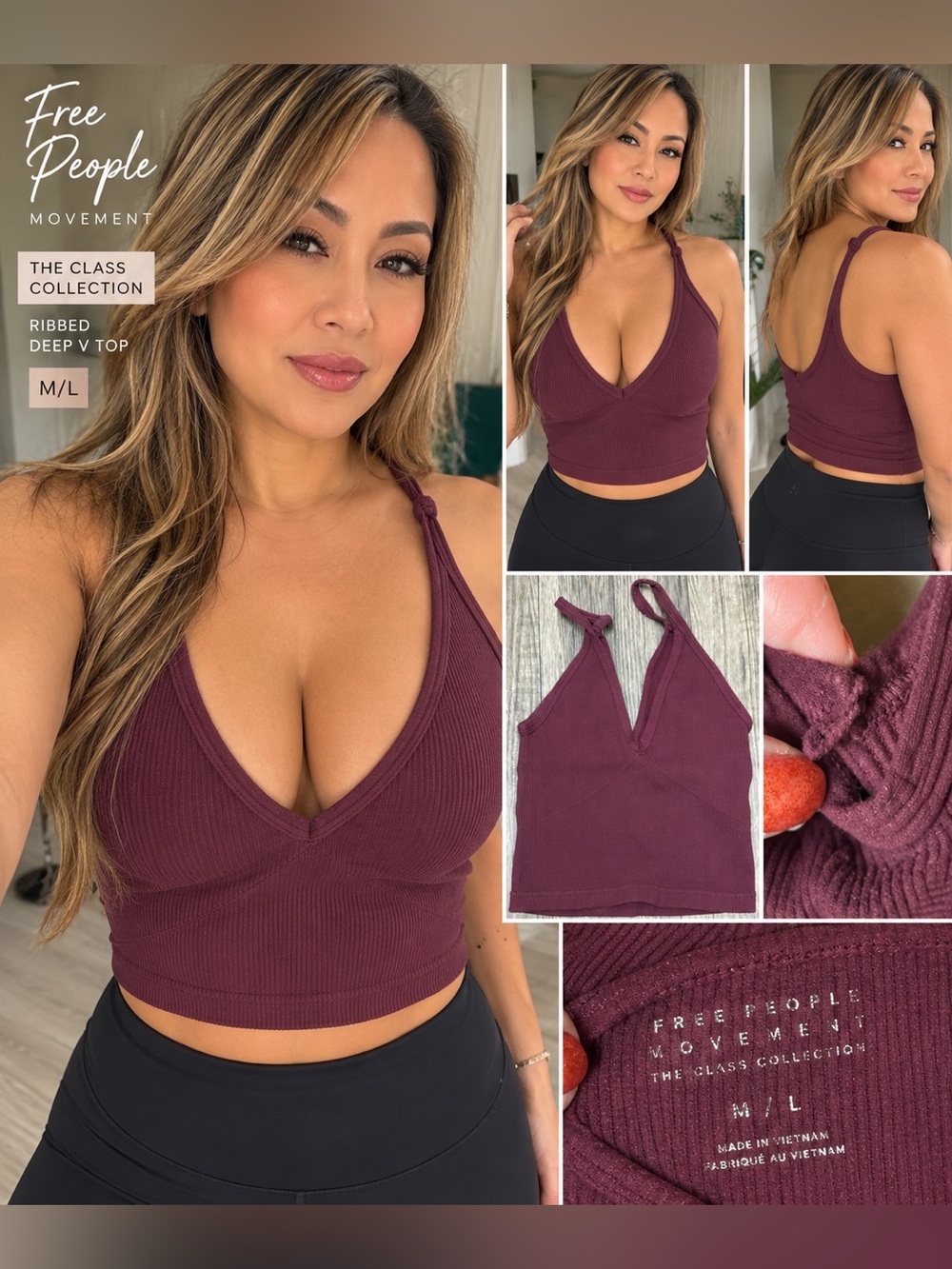 (#26) Free People Movement The Class Collection Ribbed Deep V Crop Top M/L Burgu
